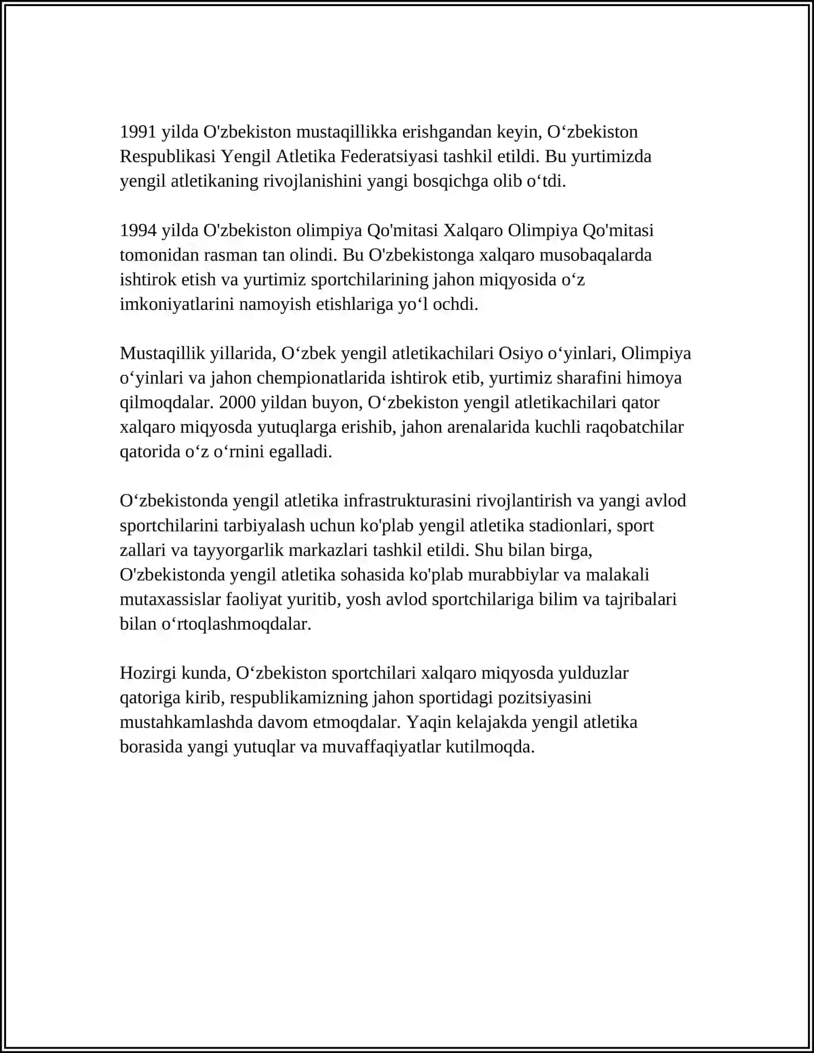O'ZBEKISTON RESPUBLIKASI JISMONIY TARBIYA TIZIMIDA YENGIL ATLETIKANING O'RNI 4
