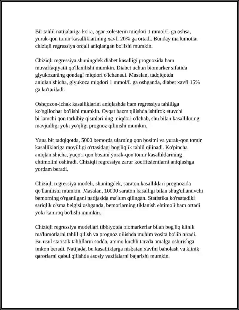Tibbiyotda chiziqli regressiya: biomarkerlar va klinik natijalarni prognoz qilish 4