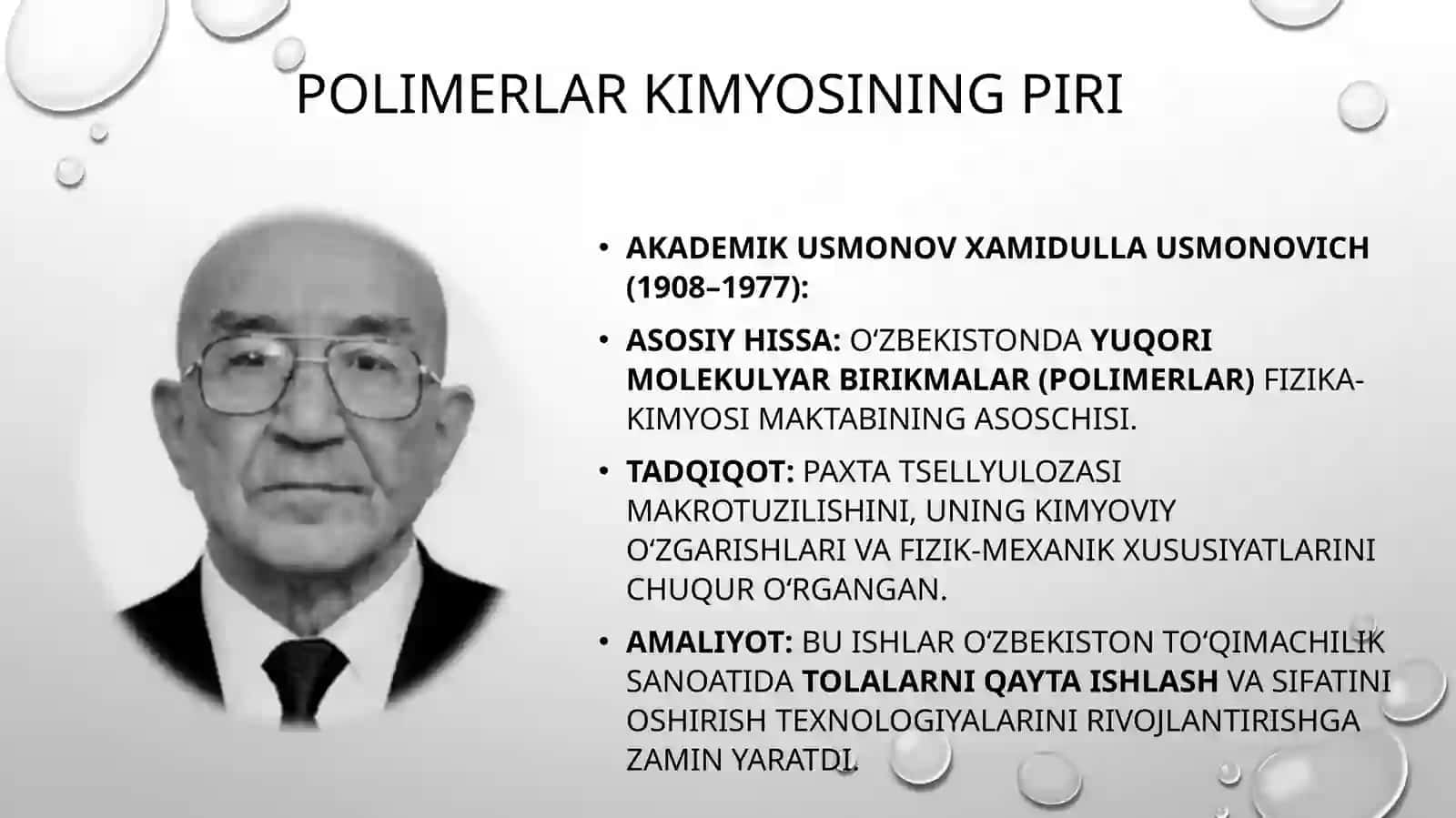 Oʻzbekistonning mustaqil kimyo fanini yaratishda olimlarning roli. Fan: kimyo 4