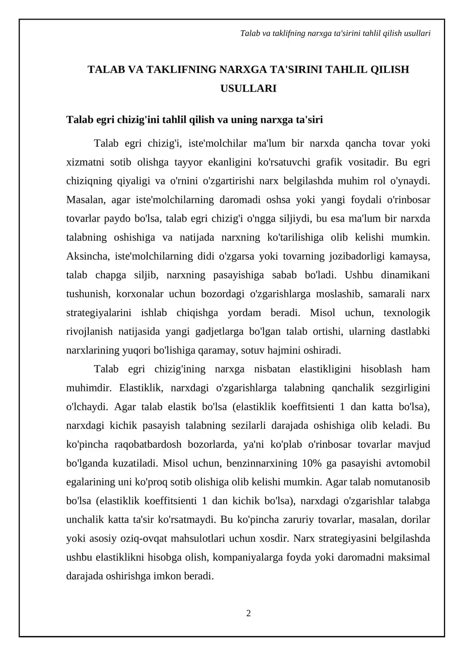 Talab va taklif qonuniga ko'ra narx belgilash usullari 4