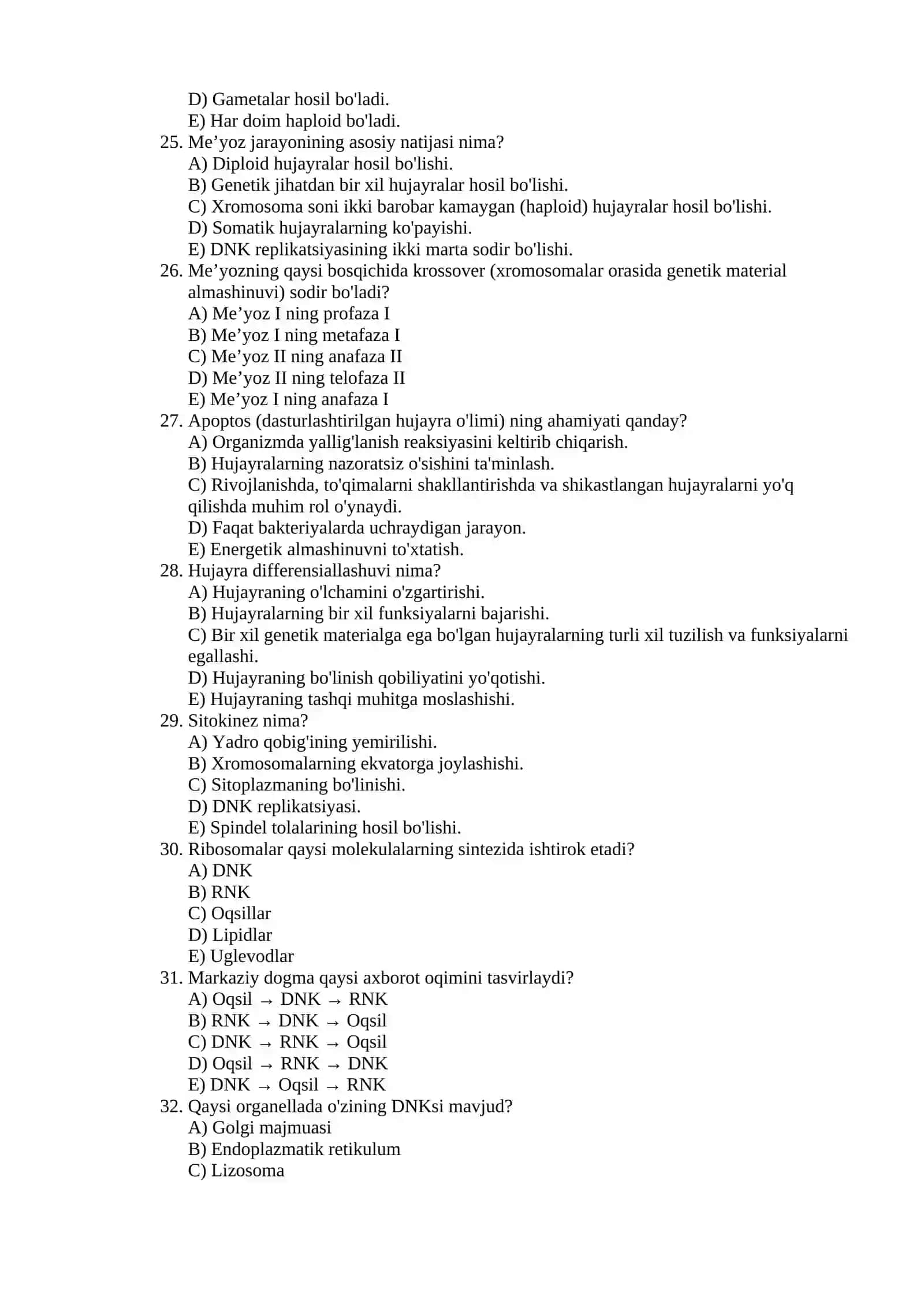 HUJAYRA BIOLOGIYASI ASOSLARI tEST 4
