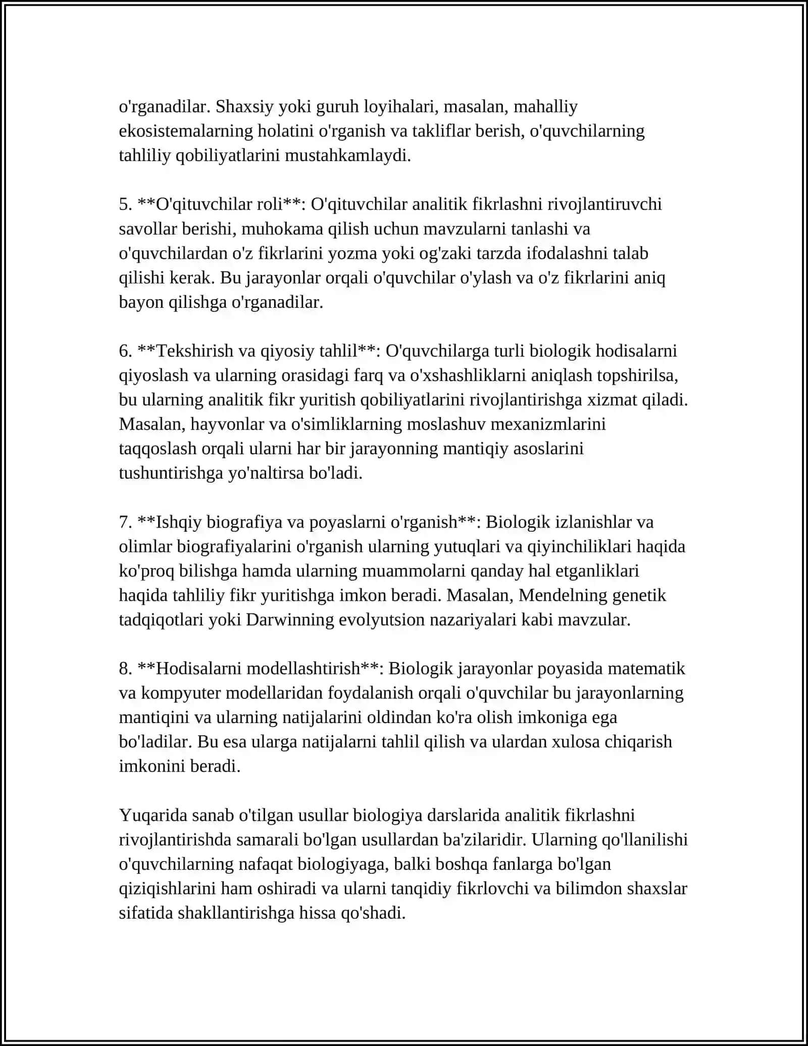 BIOLOGIYANI O’QITISHDA O’QUVCHILARNING TAHLILIY-TANQIDIY VA MANTIQIY FIKR YURITISH KO’NIKMALARINI TARKIB TOPTIRISH YO’LLARI 4
