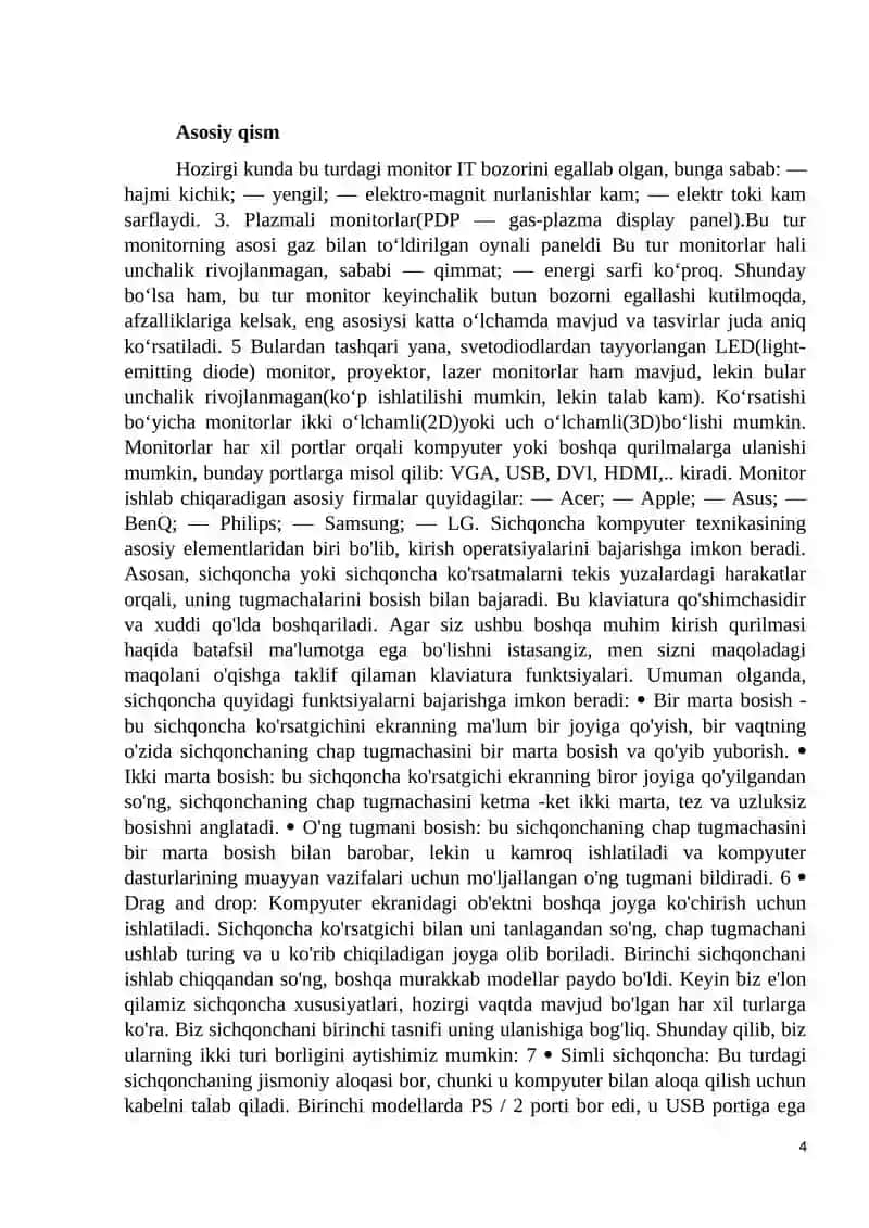 "Tibbiyot axborot texnologiylari Monitor va sichqoncha qurilmalarining turlari va vazifalari" 4