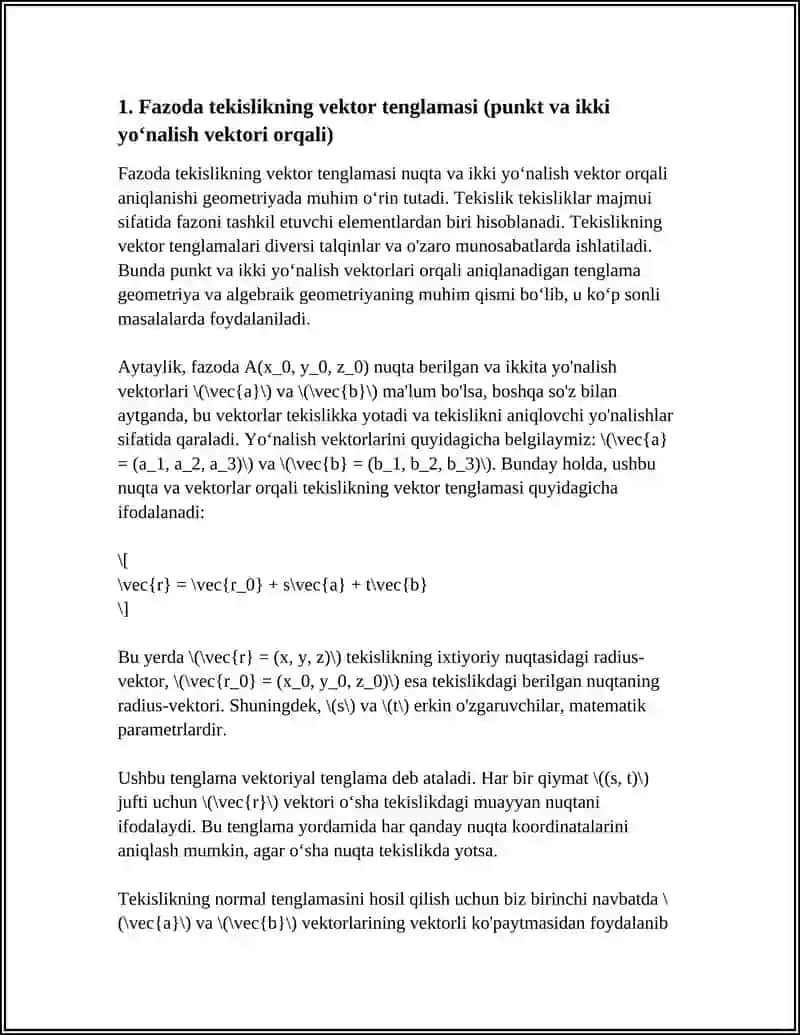 FAZODA TEKISLIK VA TOʻGʻRI CHIZIQ TENGLAMALARI 4