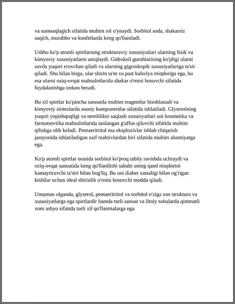 Ko'p atomli spirtlar: glyserol, pentaeritritol va sorbitolning struktura va xossalari 4
