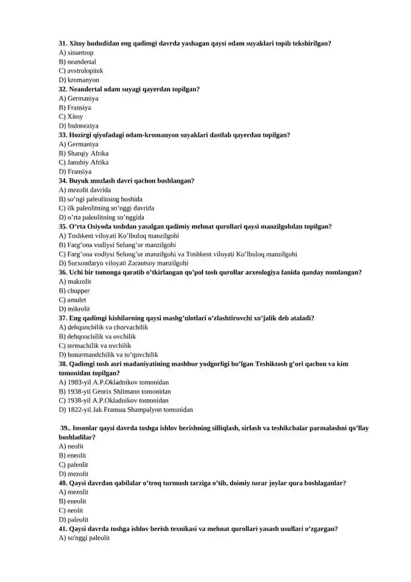 ARXEOLOGIYA FANIDAN TEST SAVOLLARI 4