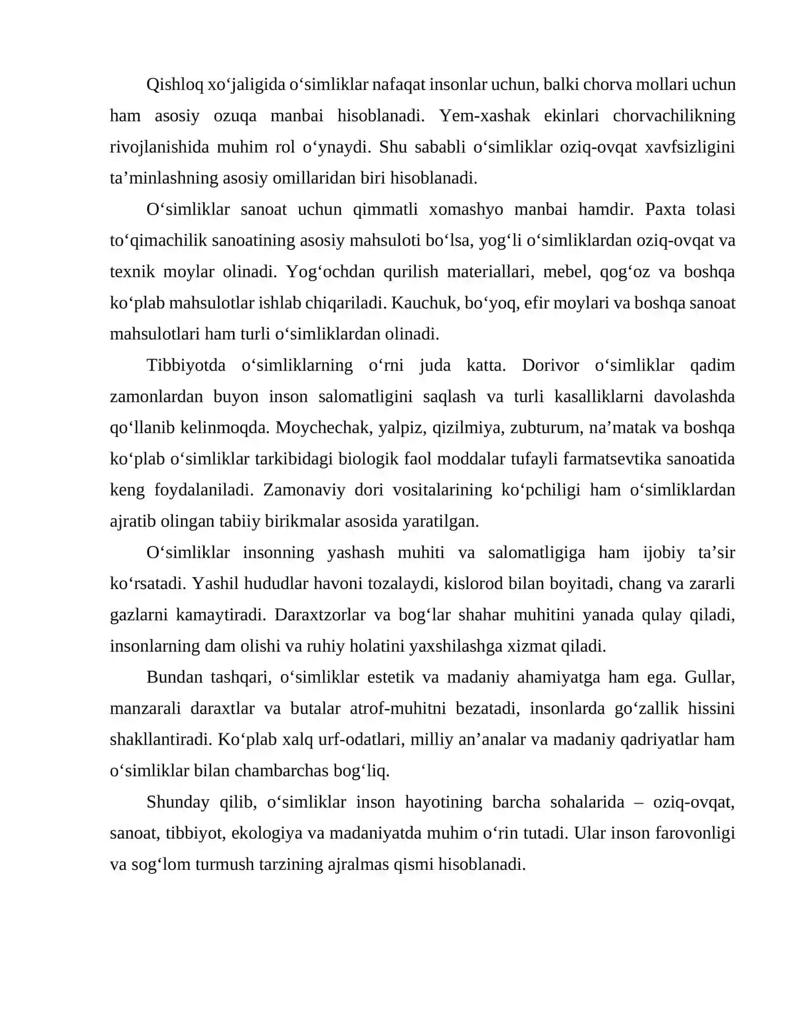 O'SIMLIKLARNI TABIATDA VA INSON HAYOTIDAGI TUTGAN O'RNI 4