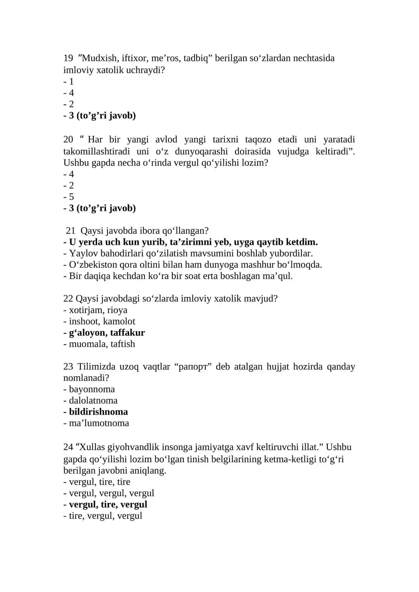 Davlat tiliga oid savol javob (test) lar 4