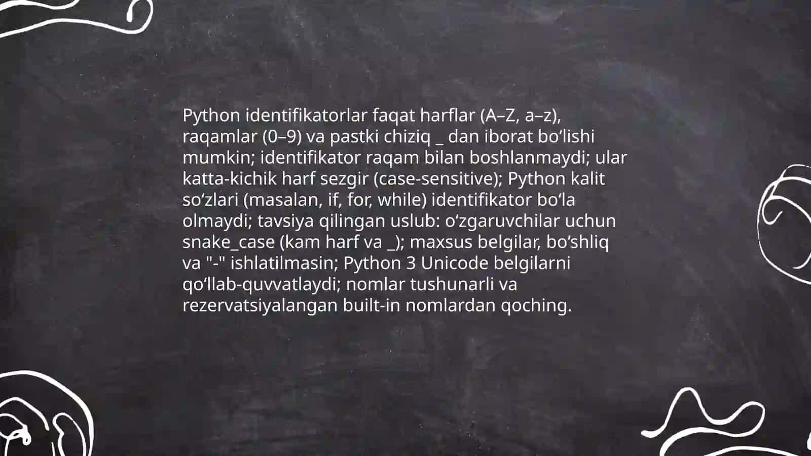 Python dasturlash tilining alifbosi,buyruqlar tizimi va operatorlari 4