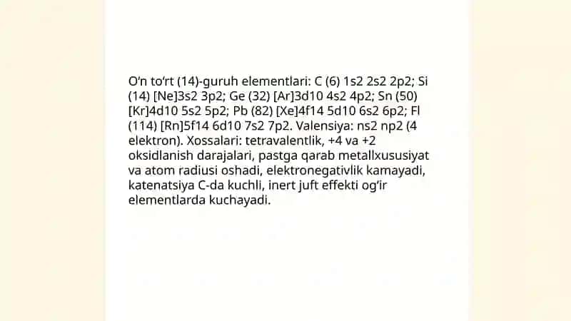 O‘n uch, o‘n to'rt, o‘n beshinchi guruh asosiy guruhcha elementlari va ularning xossalari.Vodorodli hamda kislorodli birikmalari.Kislotalar 4