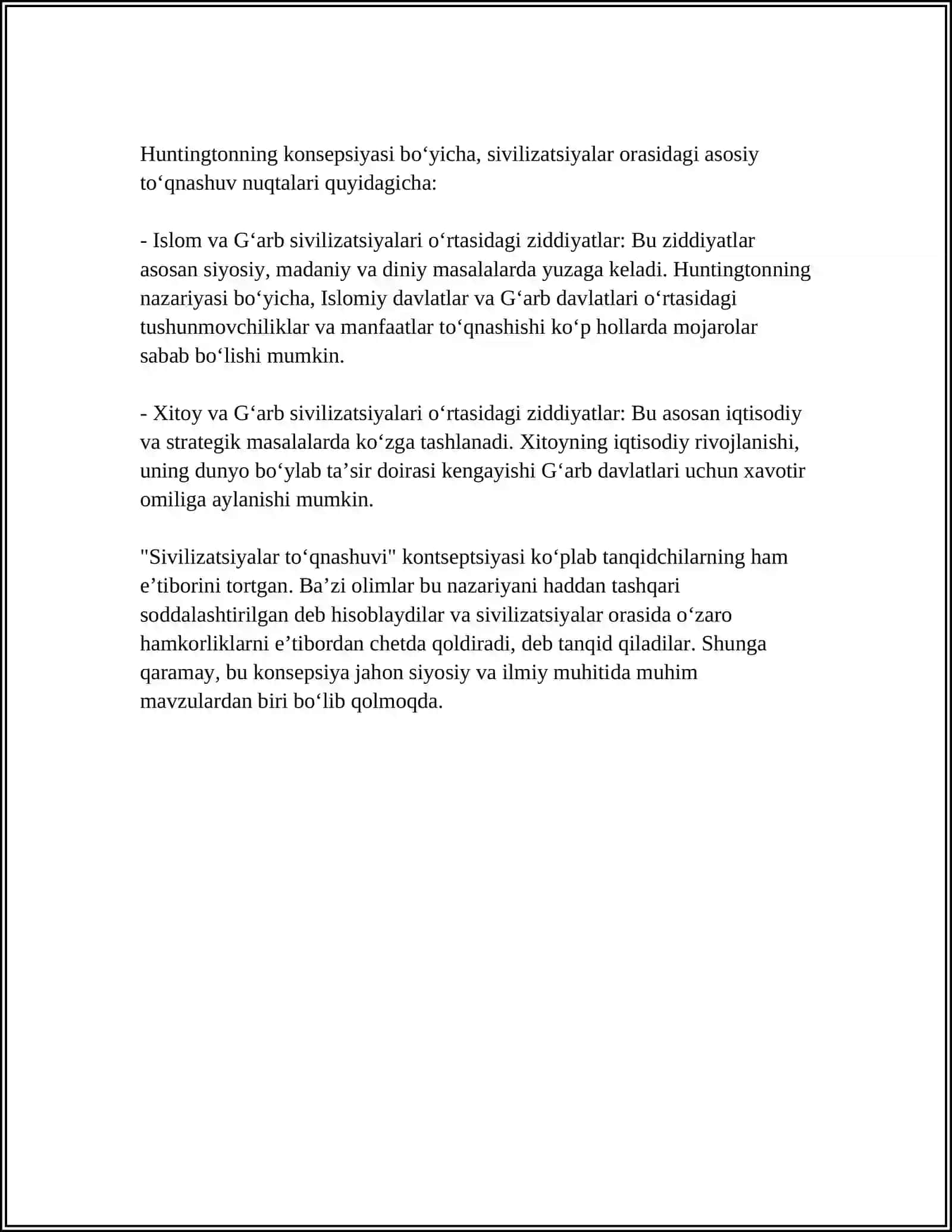 SAMUEL XANTINGTONNING SIVILIZATSIYALAR TO’QNASHUVI VA YANGI DUNYO TARTIBI ASARI 4