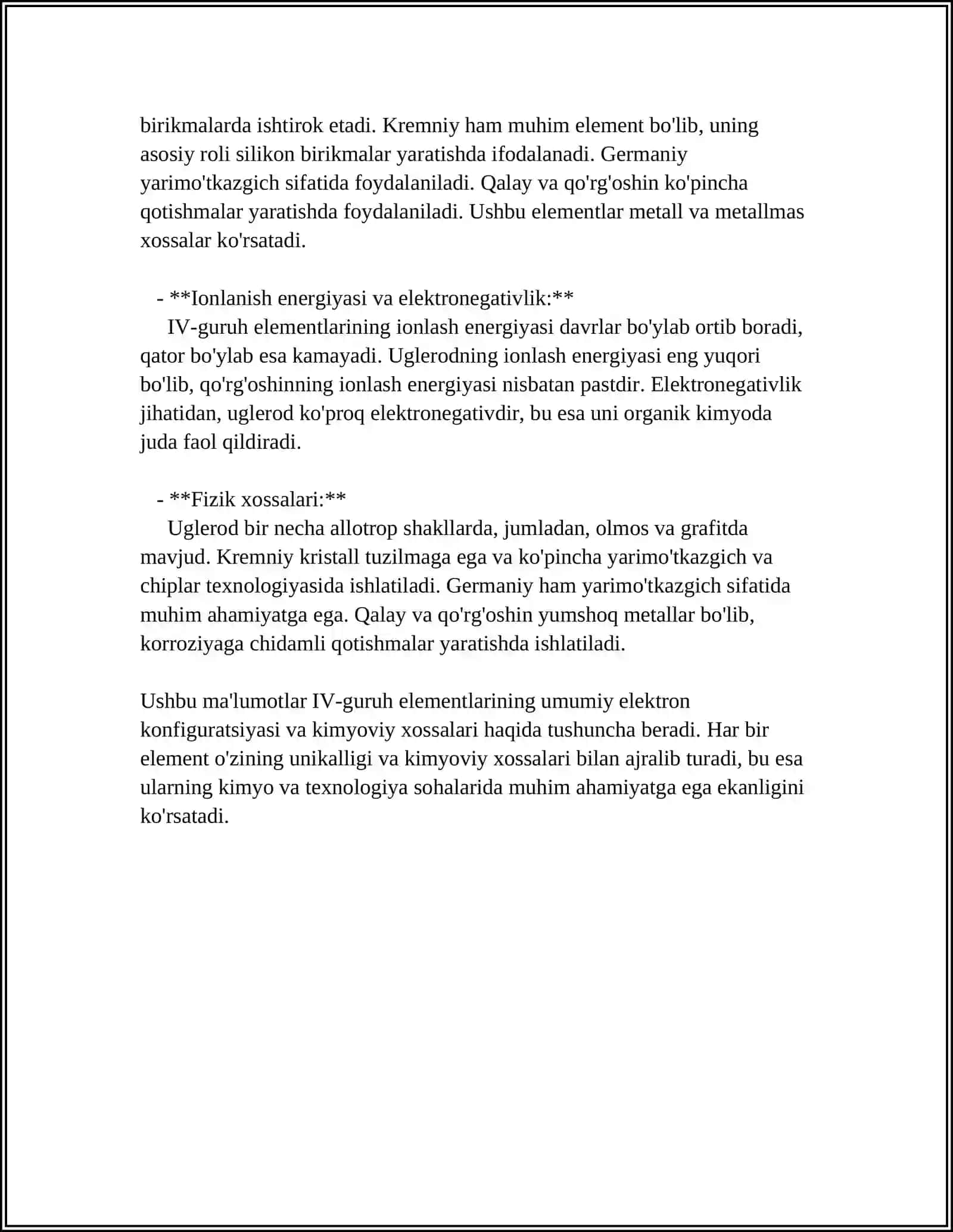 IV-guruh elementlarining umumiy elektron konfiguratsiyasi va kimyoviy xossalari 4