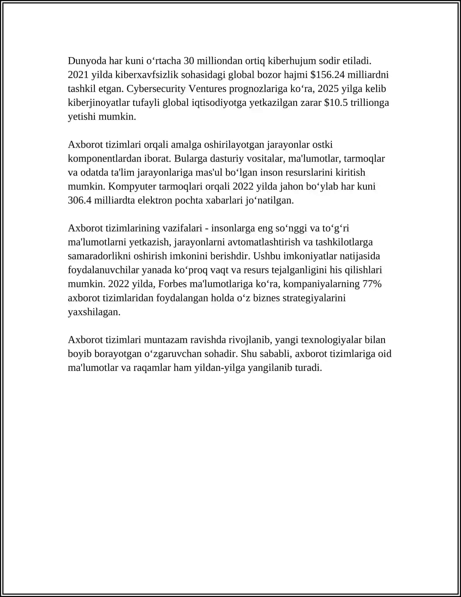 AXBOROT TEXNOLOGIYALARI, AXBOROT TUSHUNCHALARI 4