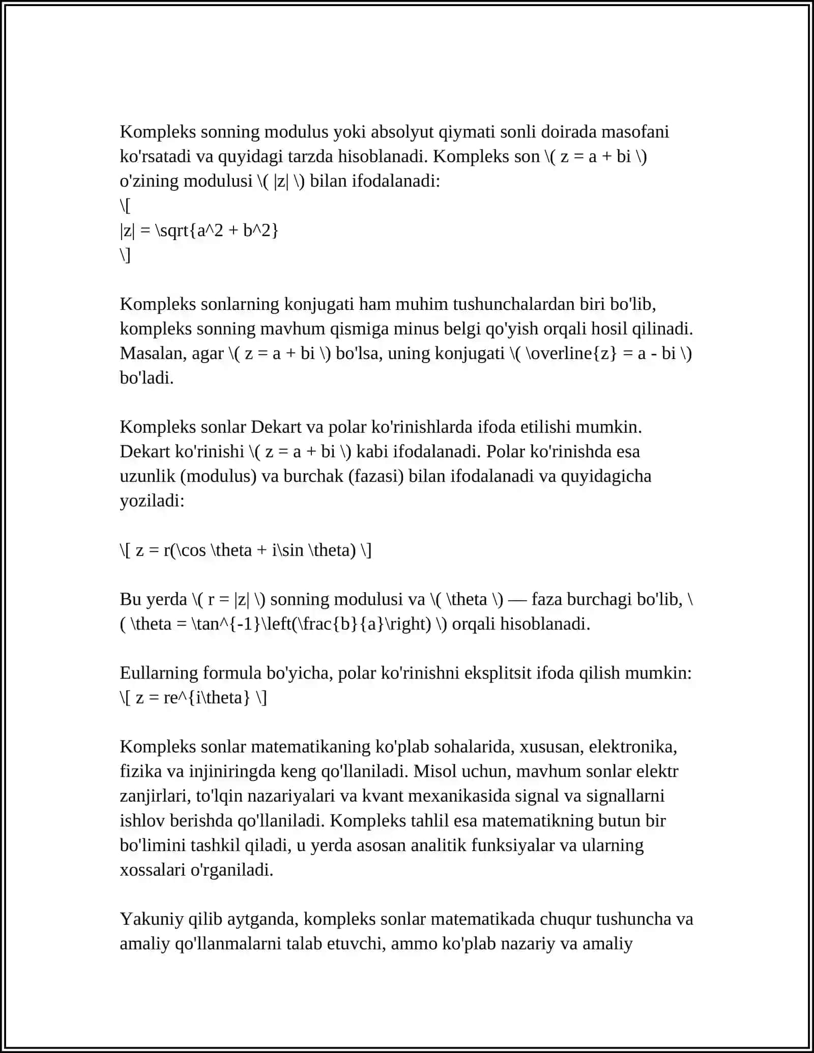 KOMPLEKS SONLAR VA ULAR USTIDA AMALLAR. MUAVR FORMULASI 4