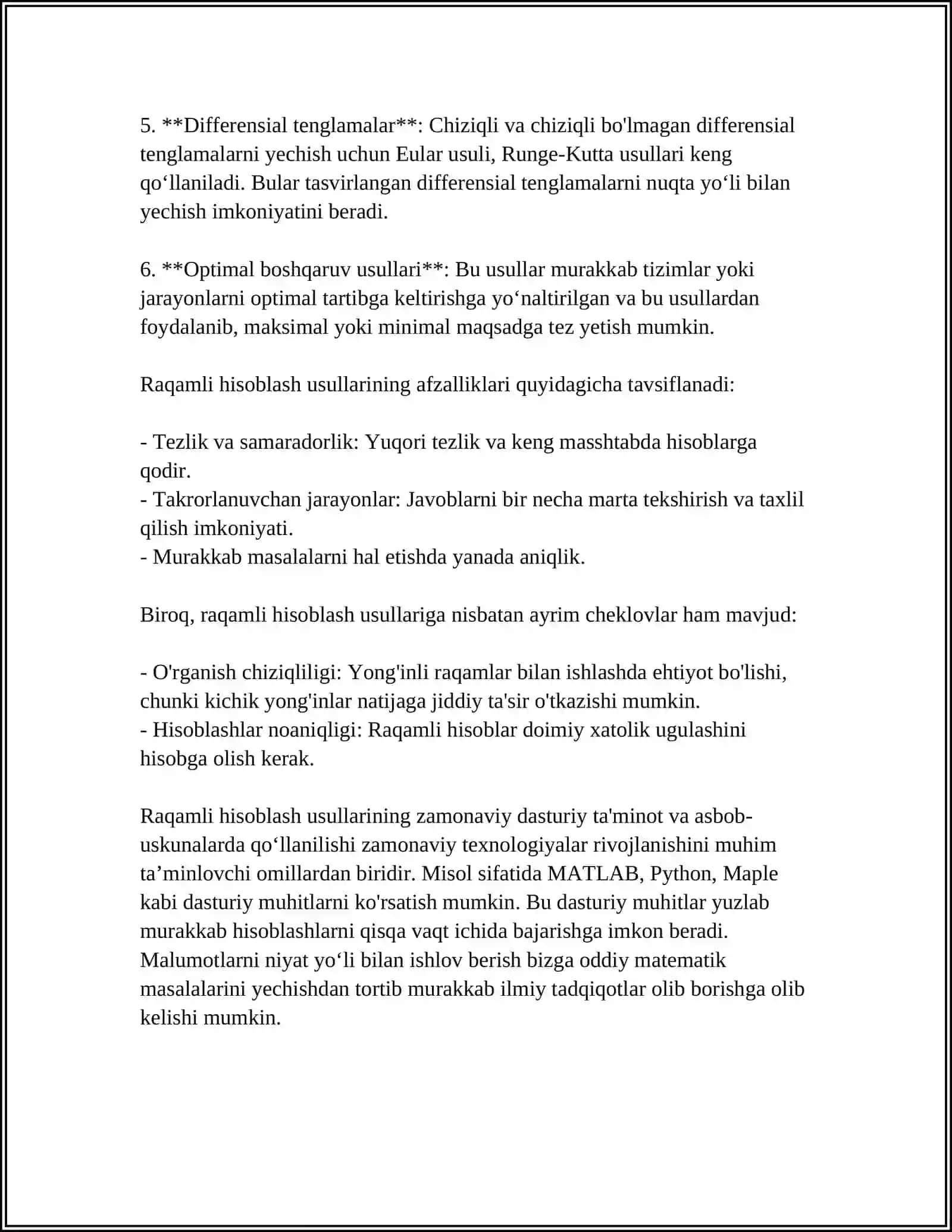 BELGILANGAN MUAMMOLAR YECHIMIGA YÒNALTIRILGAN HISOBLASH USULLARINI YARATISH 4