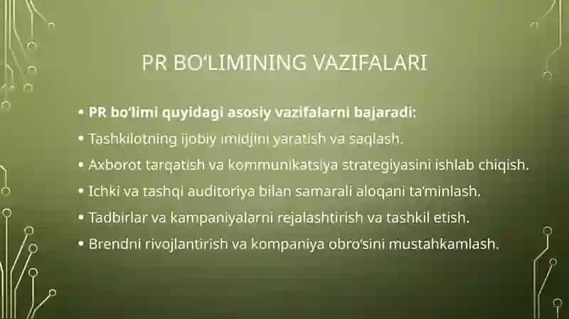 PR boʻlimi vahodimlar bilan aloqa, vazifalar taqsimoti 4