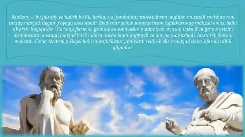 Jamiyat falsafasining asosiy ontologik masalalaridan biri bo‘lgan jamiyatning mavjudligi haqidagi realist va nominalist qarashlar.pptx 4