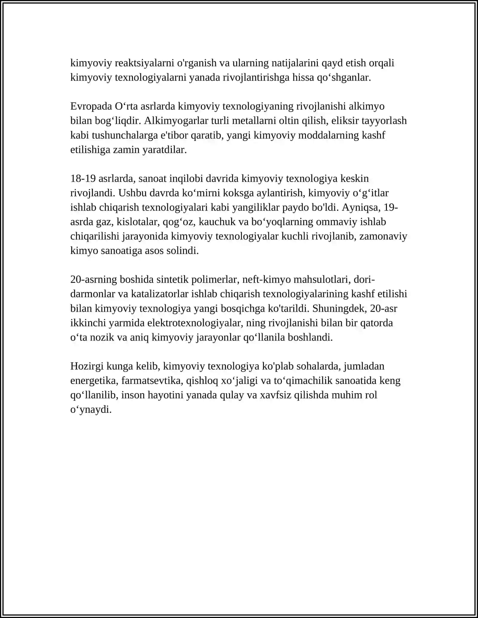 KIMYOVIY TEXNOLOGIYA FANINING RIVOJLANISH TARIXI. KIMYOVIY TEXNOLOGIYANING OʻZIGA XOS XUSUSIYATLARI RIVOJLANISH BOSQICHLARI 4