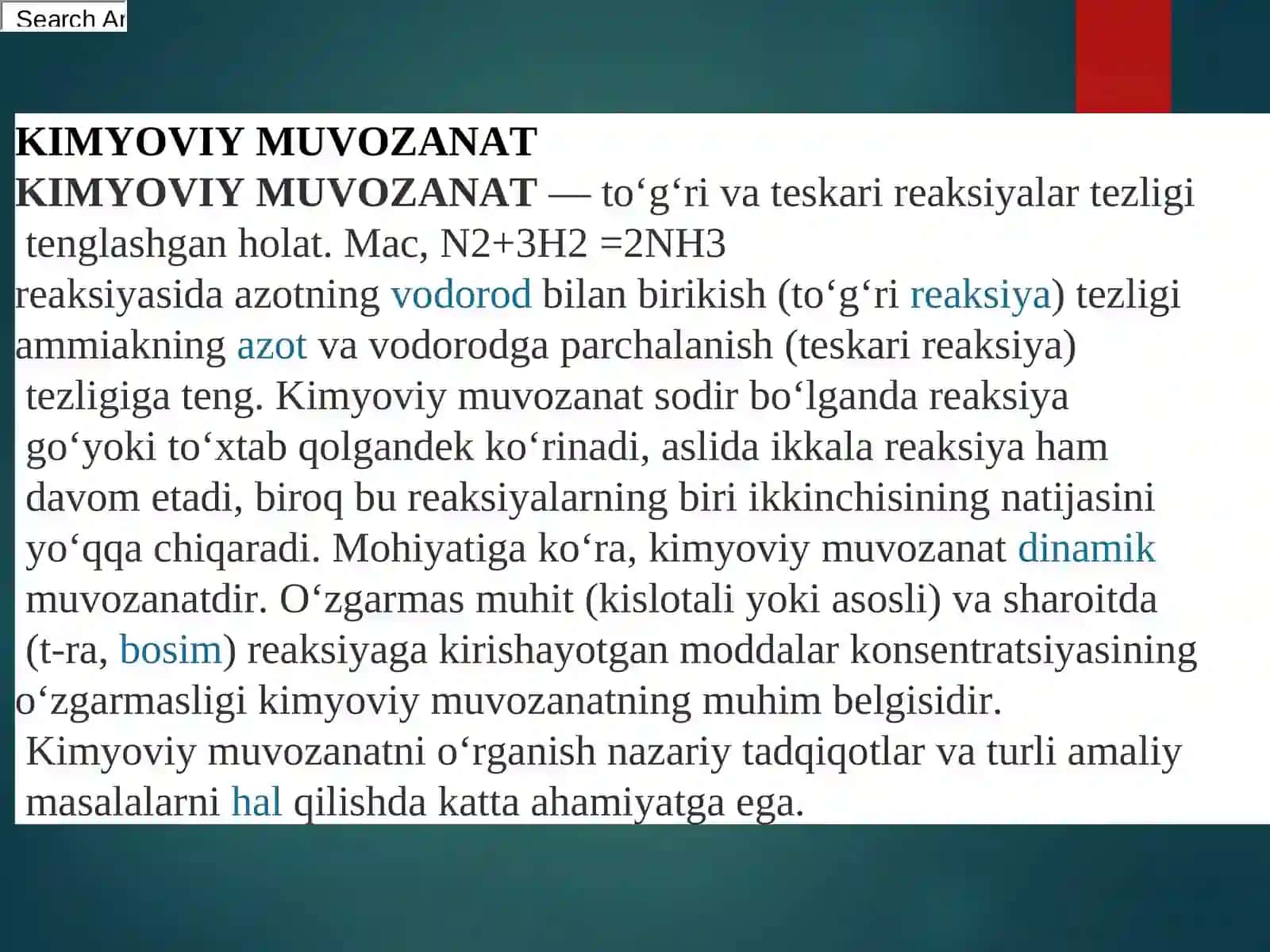 NOELEKTROLITLAR VA ULARNING ERITMALARI XOSSALARI. ELEKTROLITLAR VA ULARNING ERITMALARI XOSSALARI OKSIDLANISH QAYTARILISH REAKSIYALARI. SUV VA UNING XUSUSIYATLARI. METALLARNING UMUMIY XOSSALARI. QOTISHMALAR. METALLAR KORROZIYASI. ORGANIK KIMYO ASOSLARI. KIMYO VA EKOLOGIYA. KIMYOVIY MUVOZANAT 4