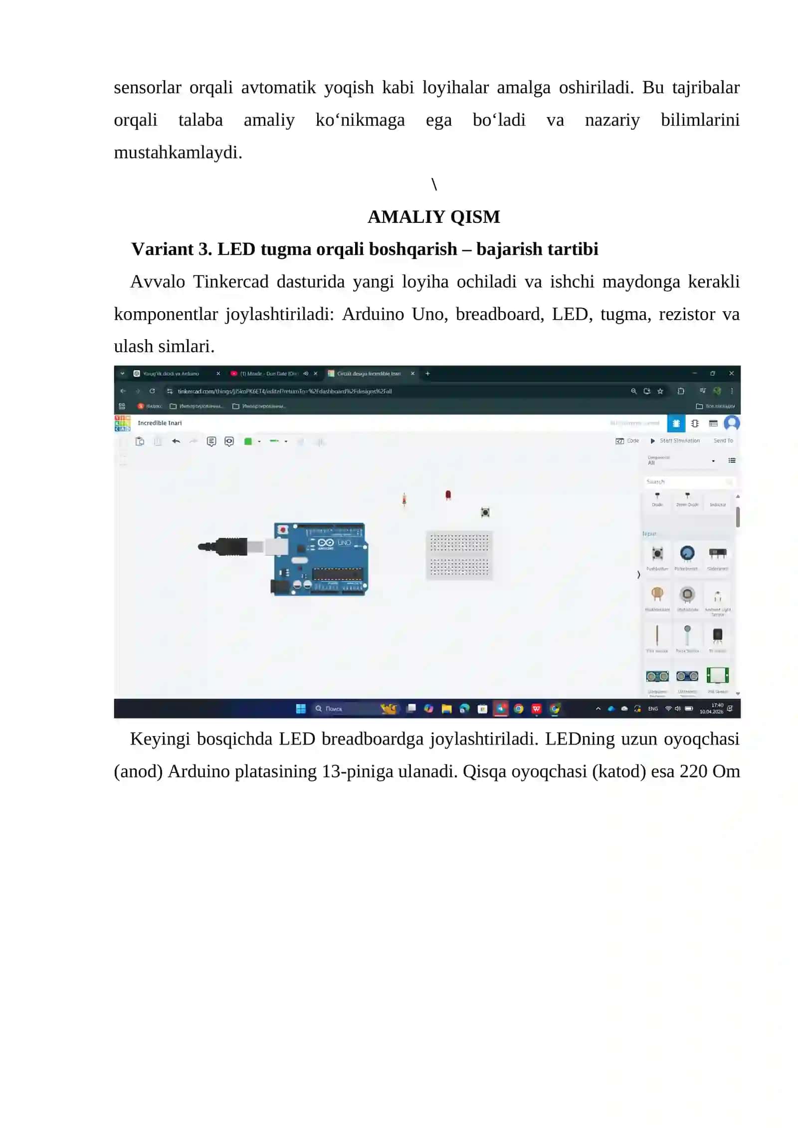 Yorug‘lik diodi. Arduino yordamida yorug‘lik diodini o‘chirib yoqish 4
