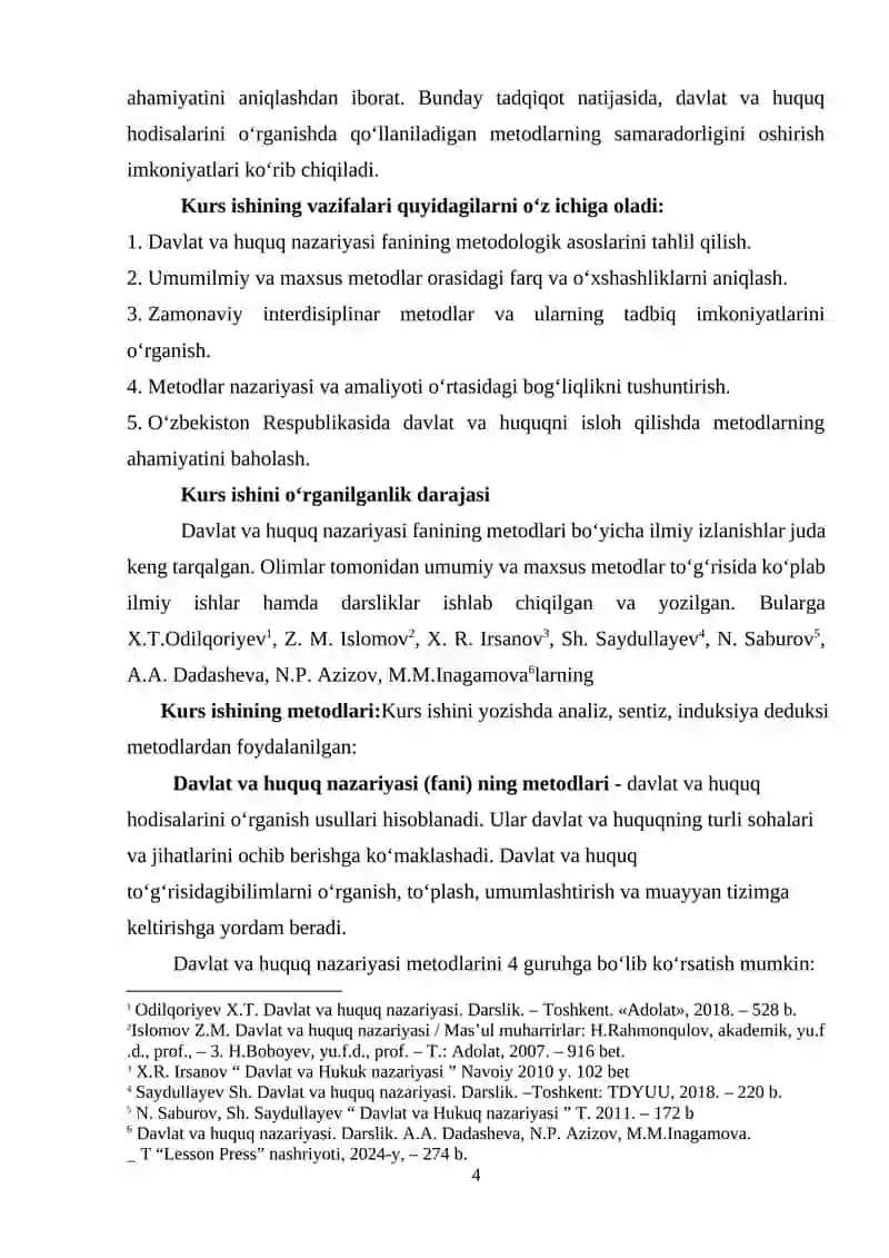 Mаvzu: Davlat va huquqn nazariyasi fanining metodlari.kurs ishi 4