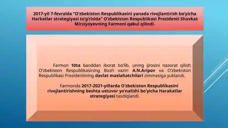 O`zbekiston Respublikasini rivojlantirishda ‘’Harakatlar strategiyasi’’ni tutgan o`rni 4