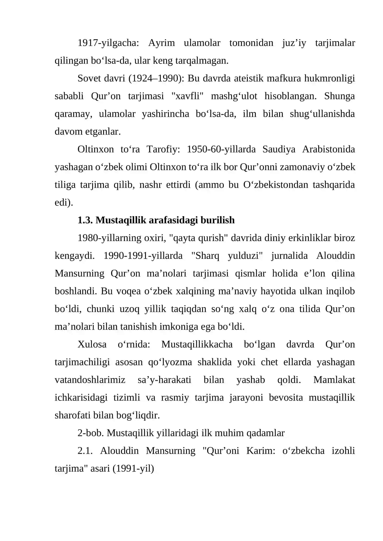 MUSTAQILLIK YILLARIDA QUR'ONNING OʻZBEK TILIGA TARJIMA QILINISHI VA TAFSIRLARI HAQIDA 4