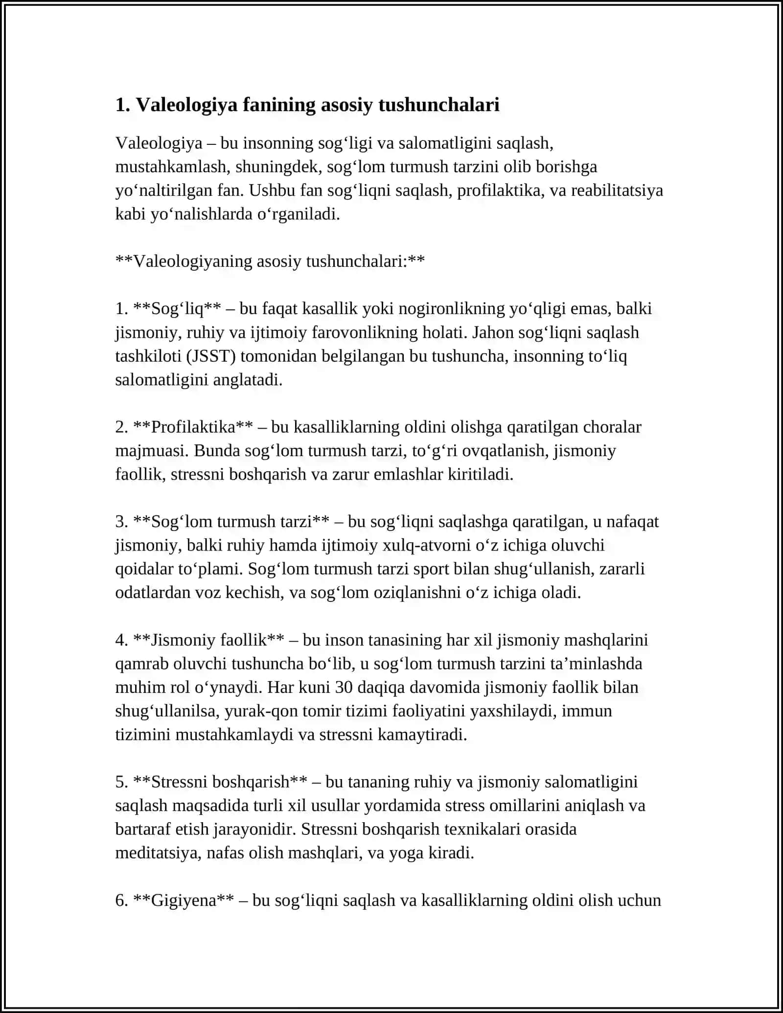 VALEOLOGIYA ASOSLARI. SOG'LIQ VA KASALLIKNING IJTIMOIY AHAMIYATI 4