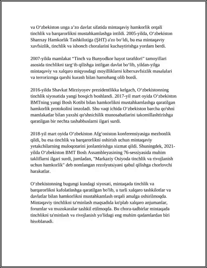 Oʻzbekistonning Markaziy Osiyoda Tinchlikni va Barqarorlikni Taʼminlashdagi Roli 4