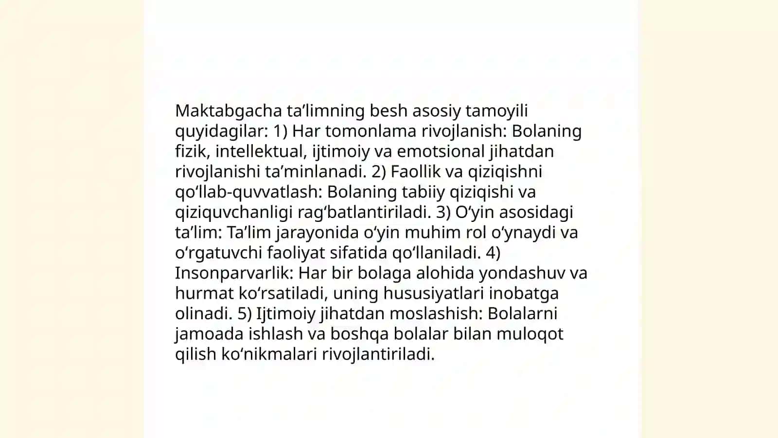 Maktabgacha taʼlimni besh tamoyilga asoslangan taqdimot 4