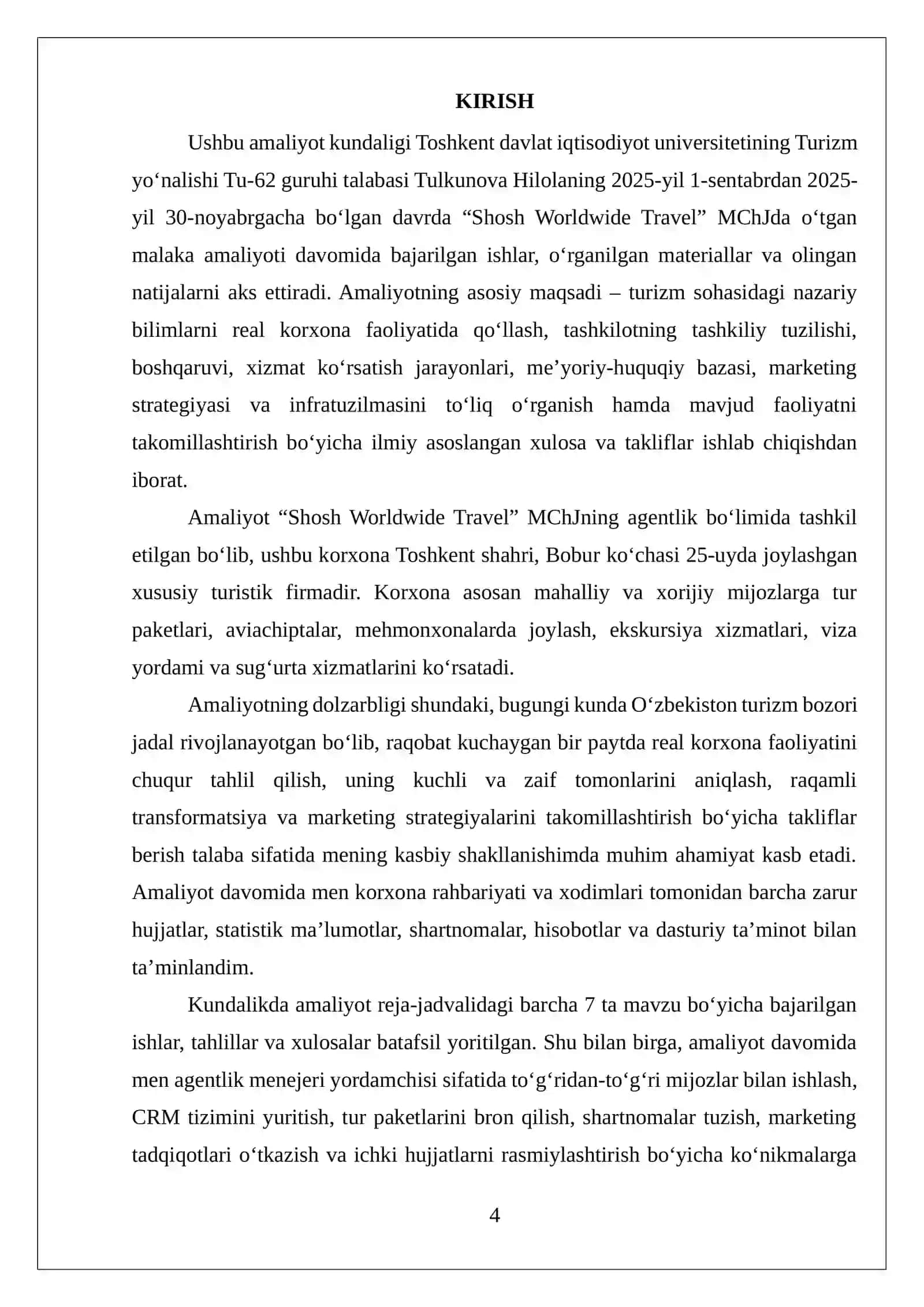 Tur firma(“Shosh Worldwide Travel”)MALAKA AMALIYOTI DAFTARI 4