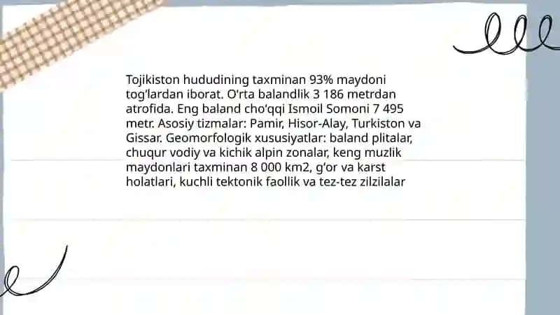 Tojikiston tabiiy va iqtisodiy geografik oʻrni, aholisi va geodemografik holati 4