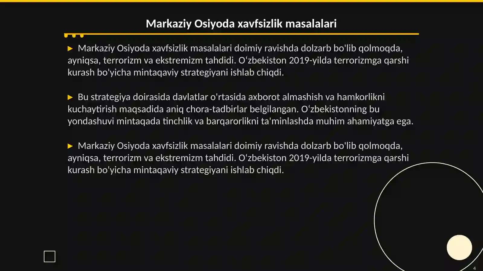 O‘zbekistonning Markaziy Osiyoda tinchlik va barqarorlikni ta’minlashdagi o‘rni 4