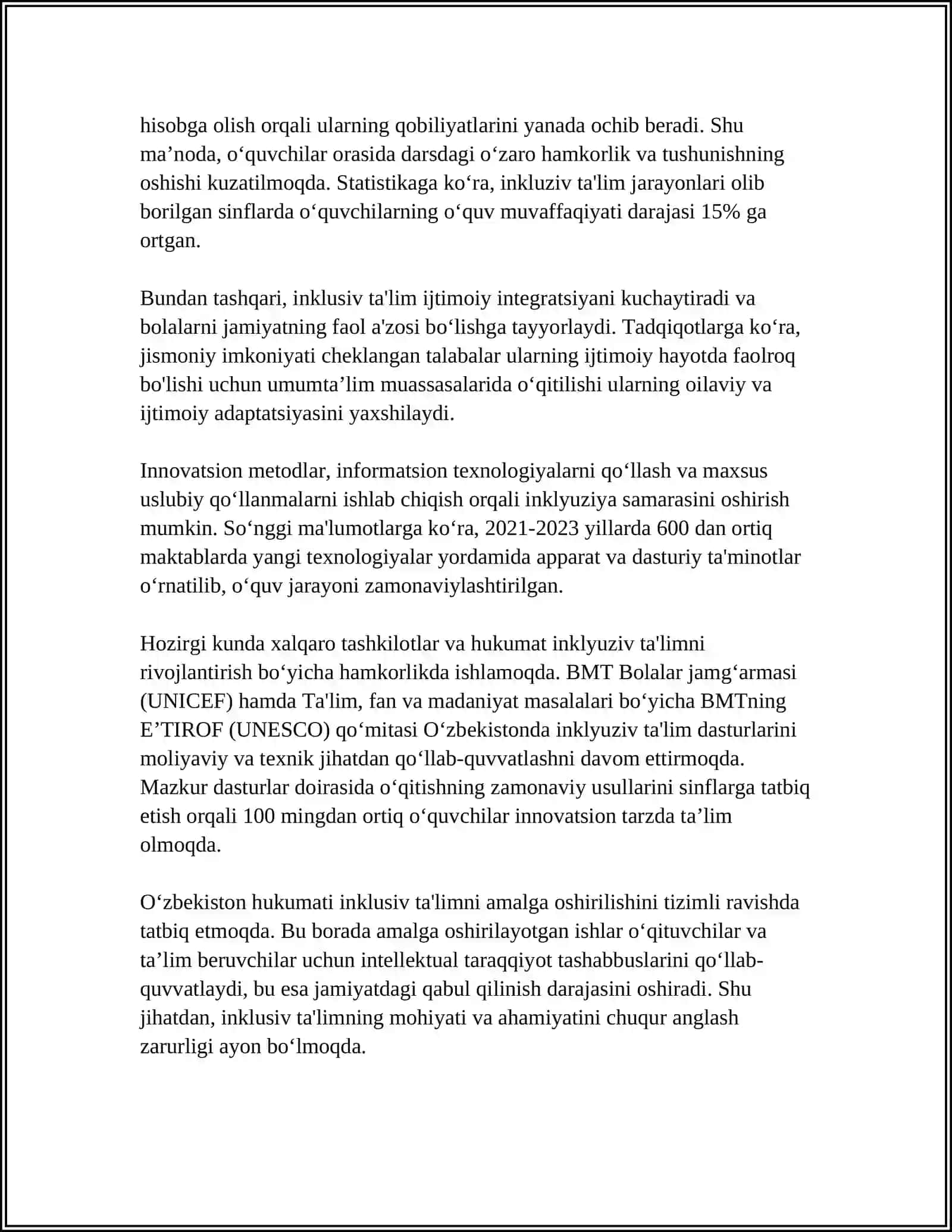 O‘ZBEKISTONDA IMKONIYATI CHEKLANGAN BOLALAR UCHUN INKLYUZIV TA'LIM 4