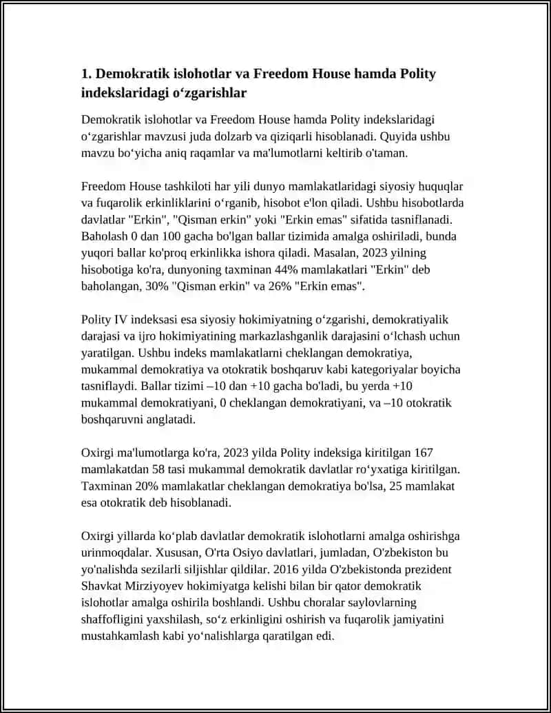 YANGI O‘ZBEKISTON IJTIMOIY-SIYOSIY IQTISODIY VA MADANIY HAYOTIDA RO‘Y BERAYOTGAN O‘ZGARISHLARNING XALQARO REYTING VA INDIKSLARDA AKS ETISHI 4