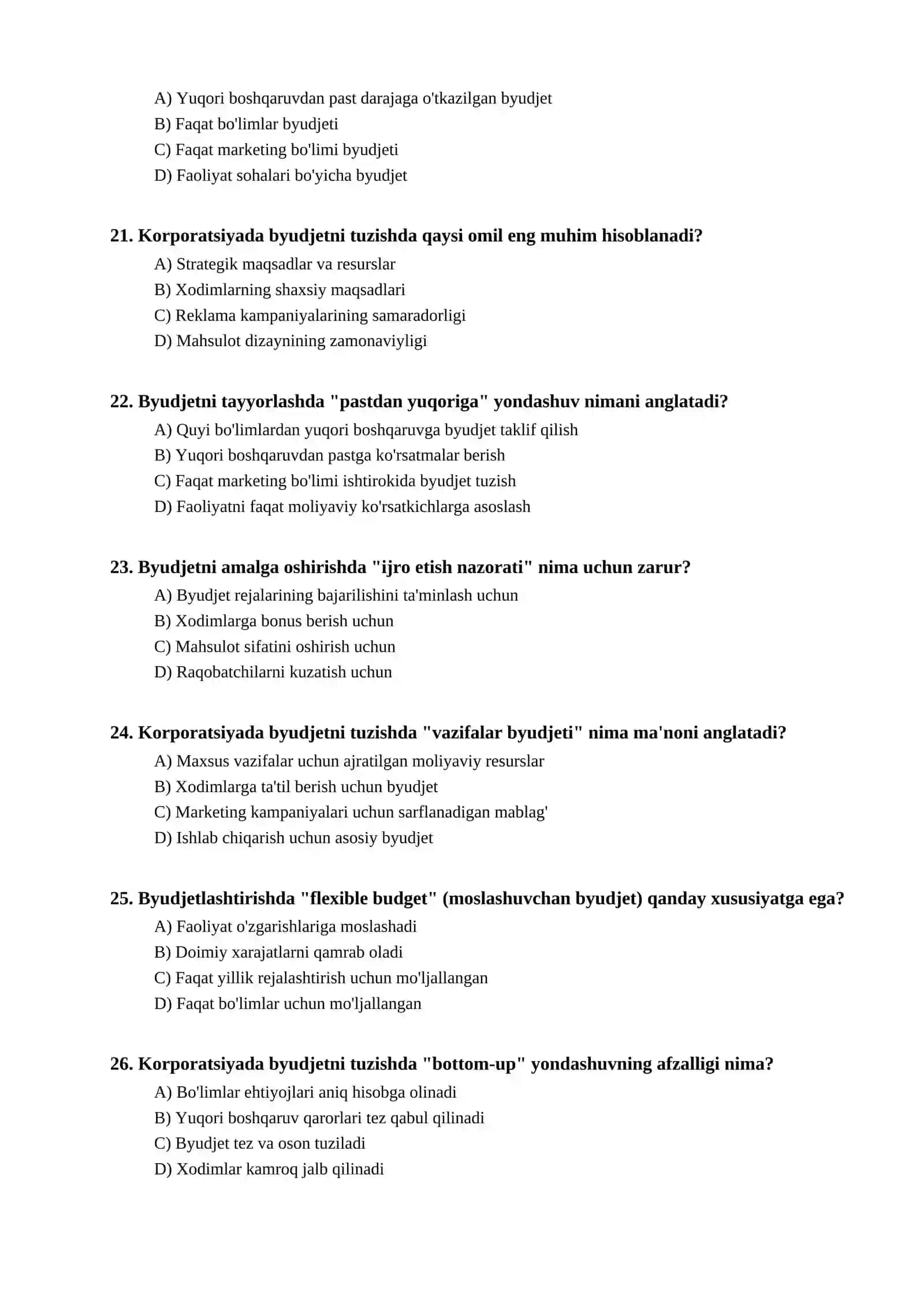 Korporatsiyalarda byudjetlashtirish bo'yicha test 4