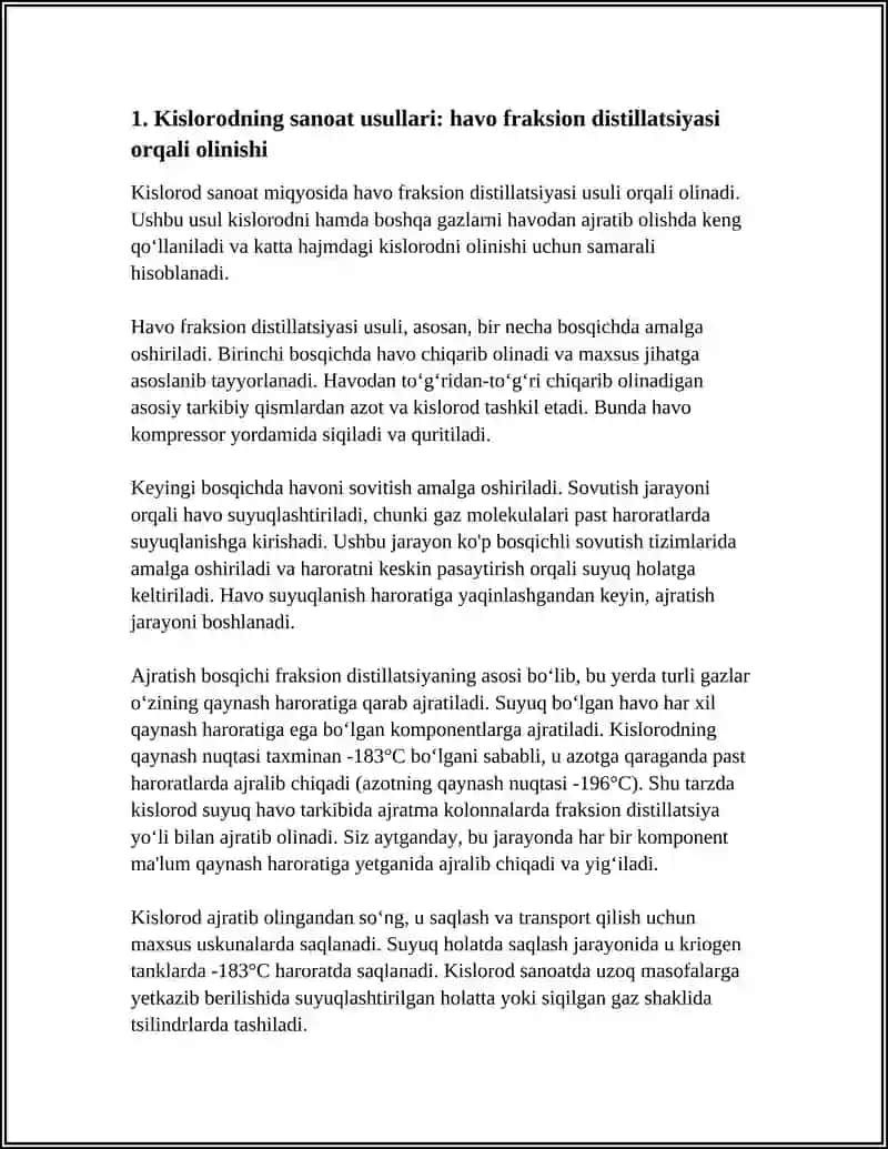 Kislorodning sanoat usullari: havo fraksion distillatsiyasi orqali olinishi 4
