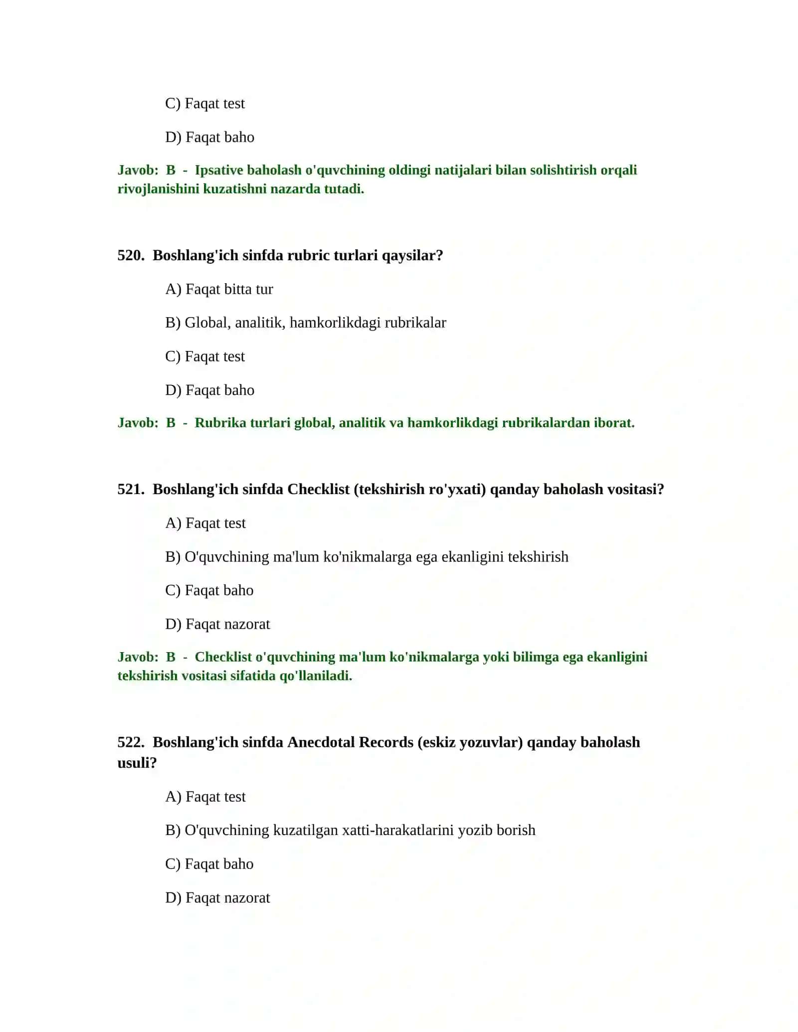 BOSHLANG'ICH TA'LIM O'QITUVCHISI TEST SINOVLARI 4