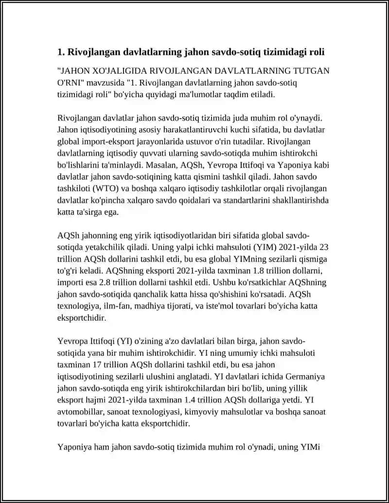 JAHON XO'JALIGIDA RIVOJLANGAN DAVLATLARNING TUTGAN O'RNI 4