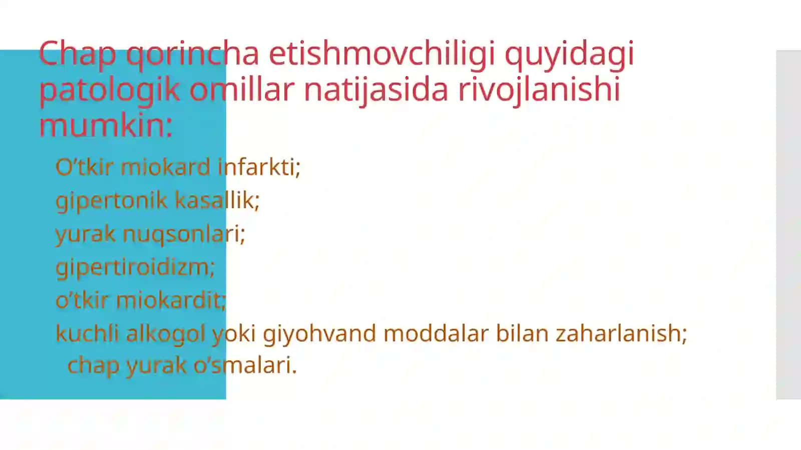 Umidaning Ichki kasalliklar fanidan 'Oʻtkir chap qorincha yetishmovchiligi. Yurak astmasi va oʻpka shishi' 4