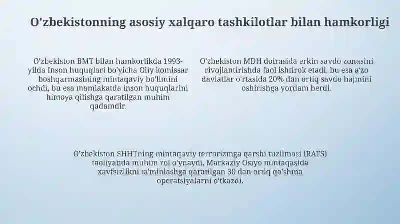Oʻzbekistonning xalqaro tashkilotlar bilan hamkorlik aloqalari 4