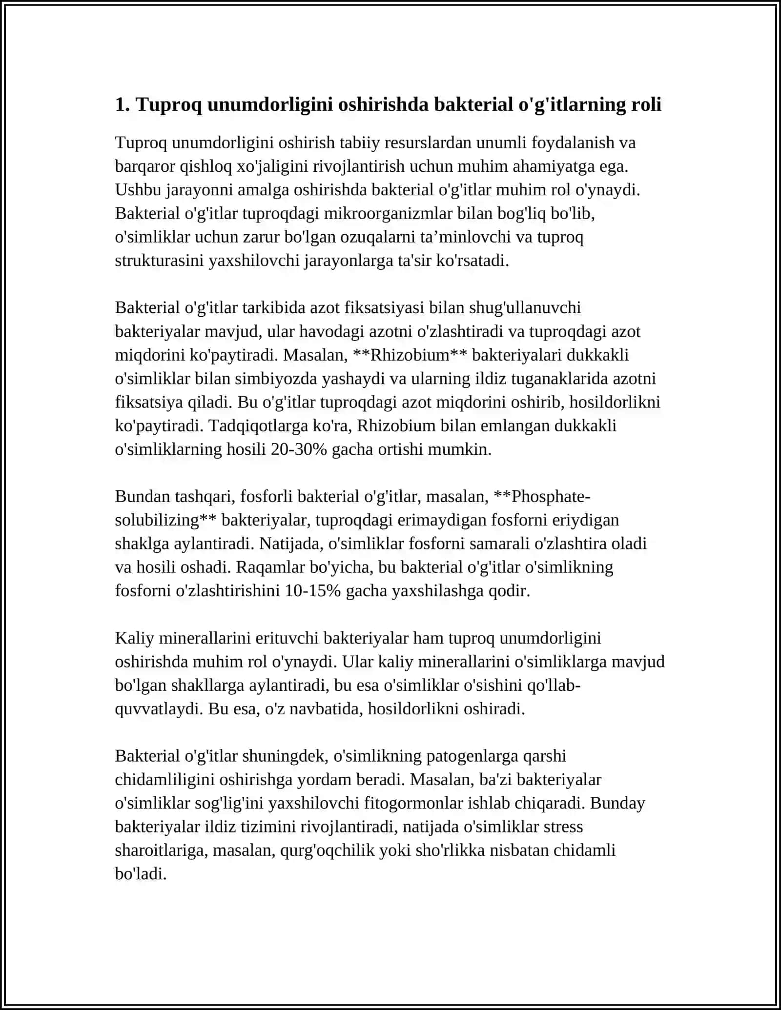 TUPROQ UNUMDORLIGINI OSHIRISHDA BAKTERIOLOGIK OʻGʻITLAR QOʻLLASH HAMDA MAZKUR OʻGʻITLARNI MADANIY OʻSIMLIKLARNI BIONAZORAT QILISHDAGI OʻRNI 4