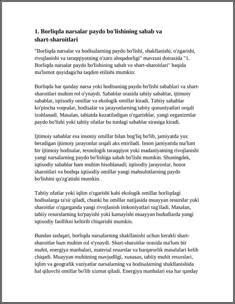 BORLIQDA NARSA VA HODISALARINING PAYDO BO'LISHI,SHAKLLANISHI,O'ZGARISHI,RIVOJLANISHI VA TARAQQIYOTNING O'ZARO ALOQADORLIGI 4