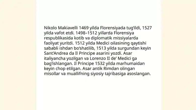 Nikolo Makiavelining "Hukumdor" asari boycha taqdimot 4