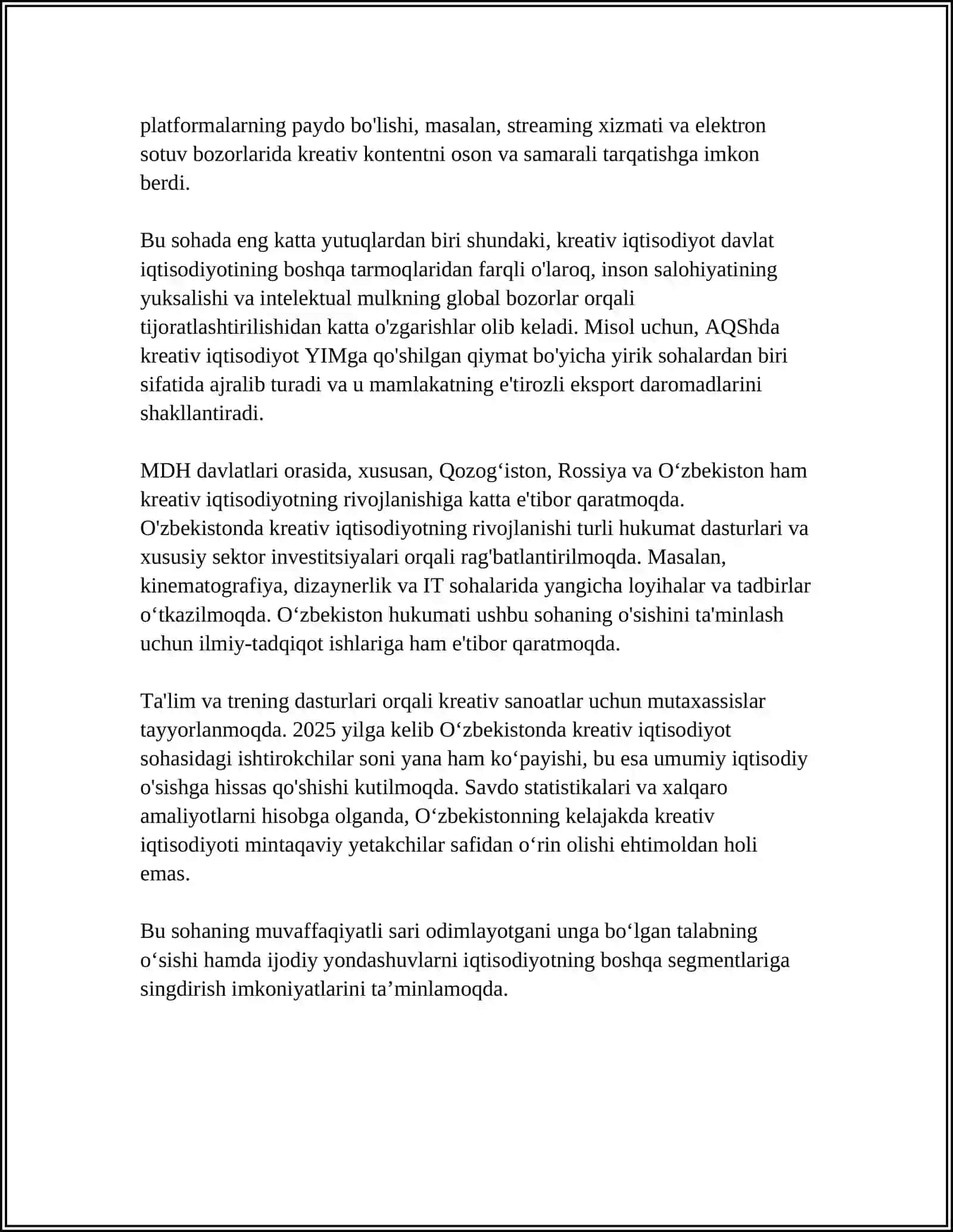 MUSTAQIL ISH Mavzu: KREATIV IQTISODIYOT VA UNING RIVOJLANISH YO'LLARI 4