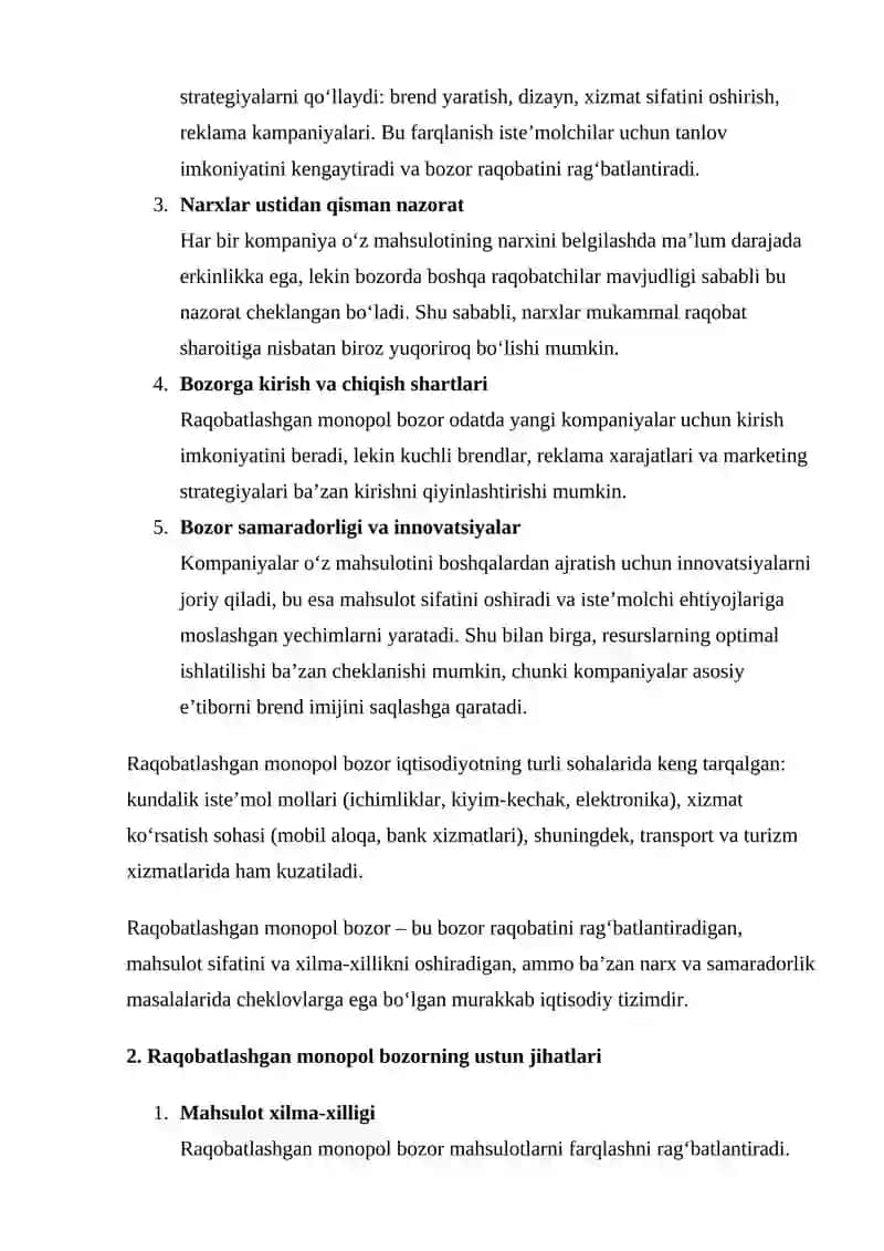RAQOBATLASHGAN MONOPOL BOZOR: USTUN JIHATLARI VA KAMCHILIKLARI 4