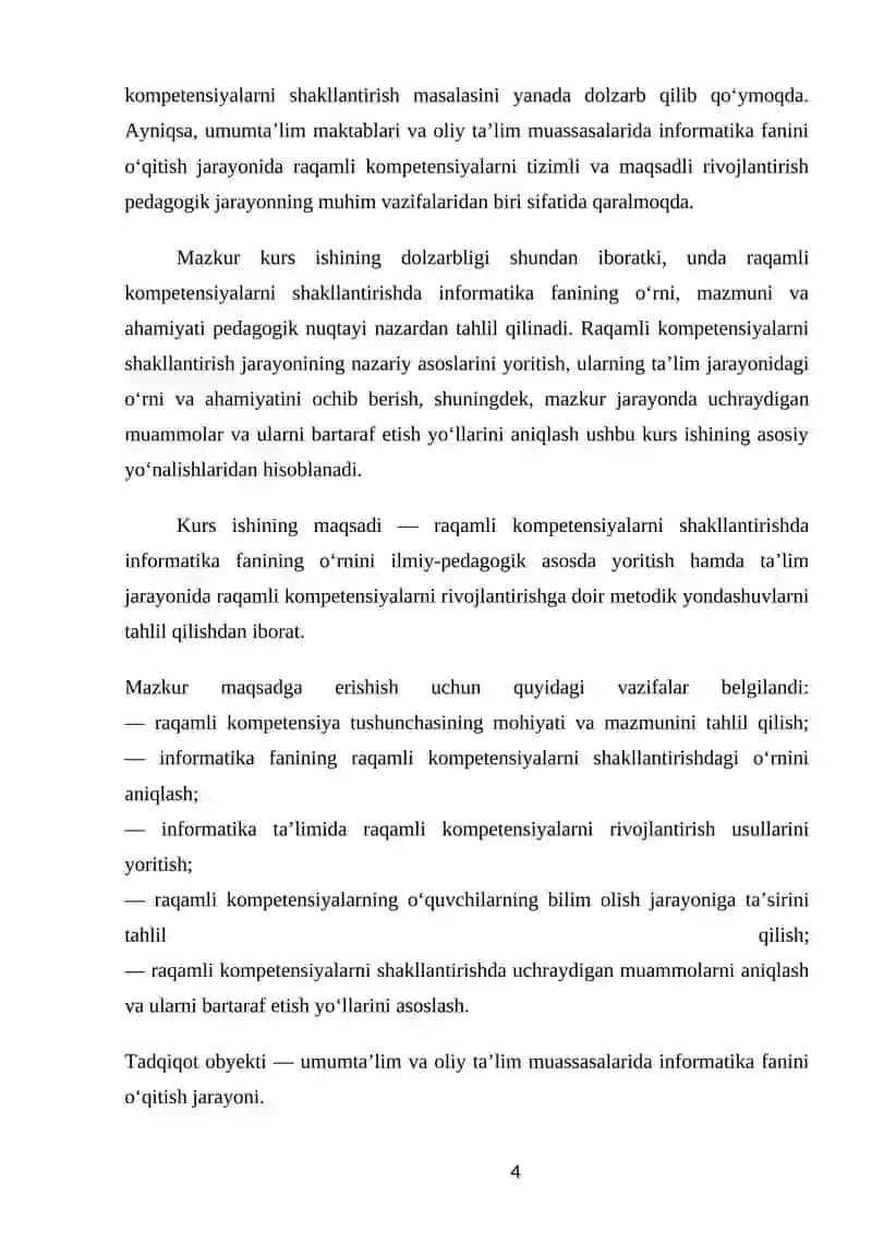 Mavzu: “Raqamli kompetensiyalarni shakllantirishda informatika fanining o‘rni” 4