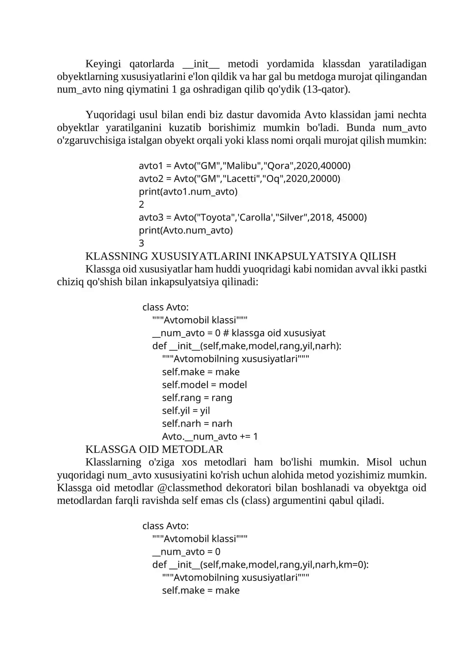 Inkapsulyatsiya, klassnig xususiyati va metodlari. Dunder metodlari 4
