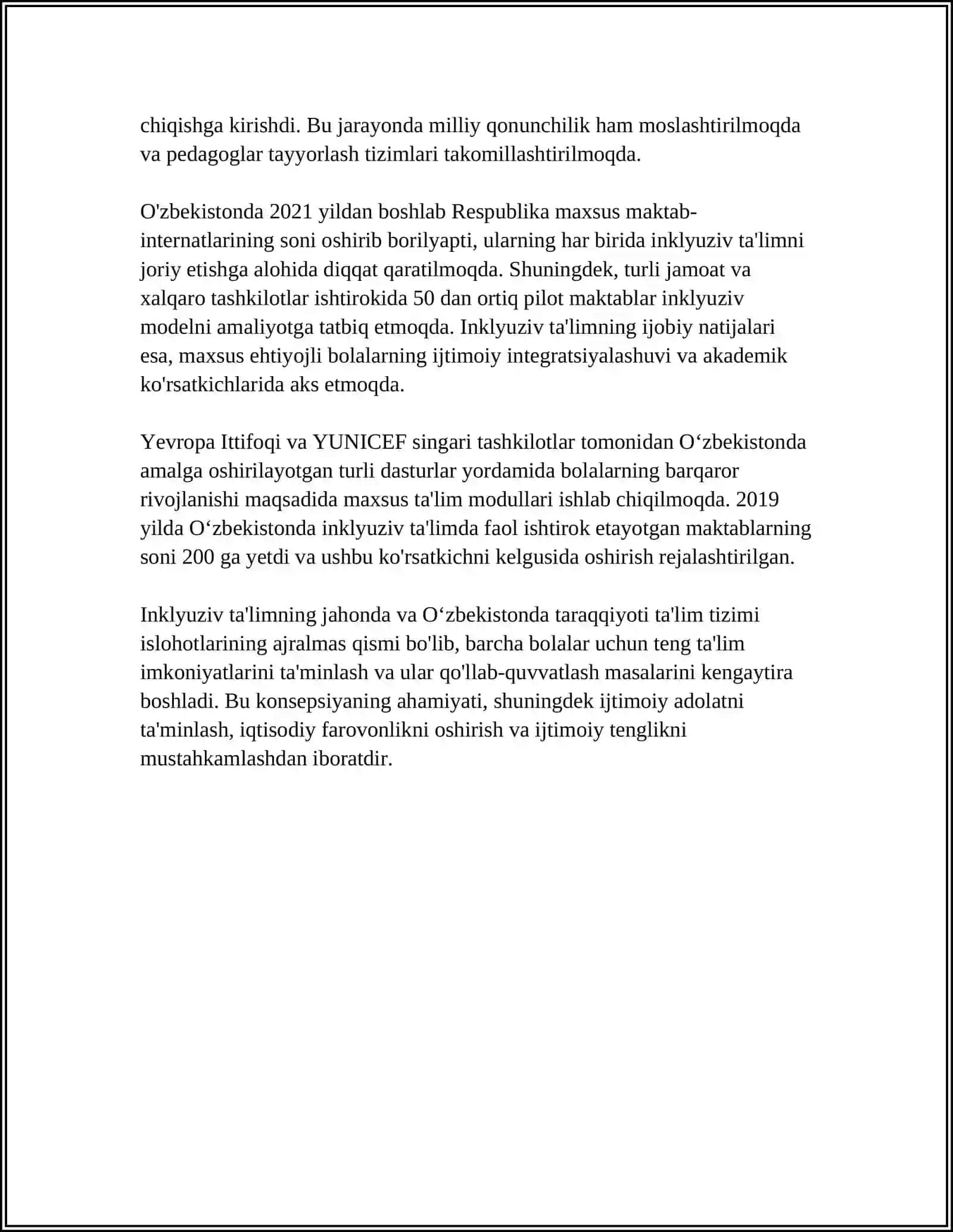 OʻZBEKISTON RESPUBLIKASIDA INKLYUZIV TAʼLIMNI QOʻLLAB- QUVVATLASHDA AMALIY TAJRIBALAR 4