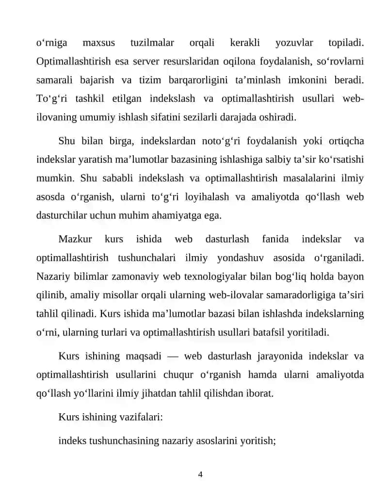 Indekslar va optimallashtirish kurs ishi 4